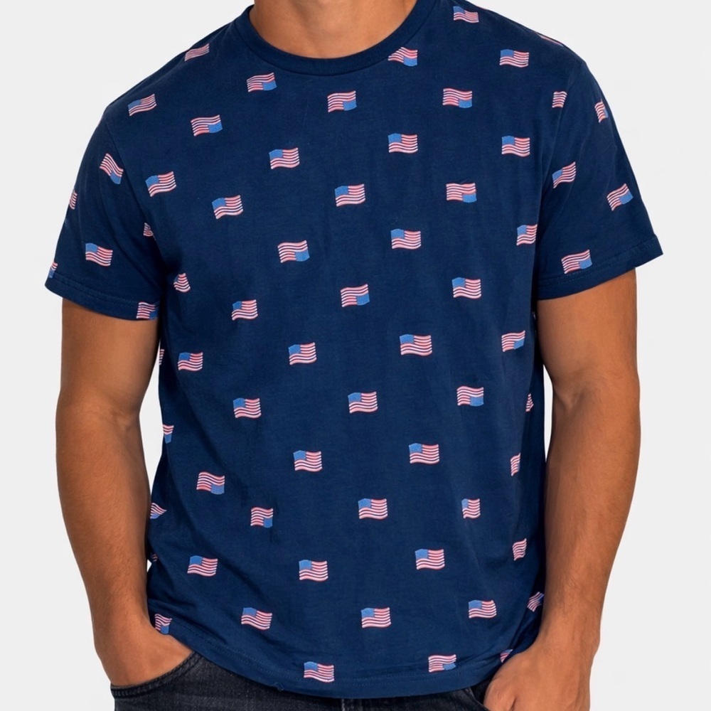 Isaac Morris Shirt Men's Blue Stars Stripes USA Flag All Over Print USA SZ MD